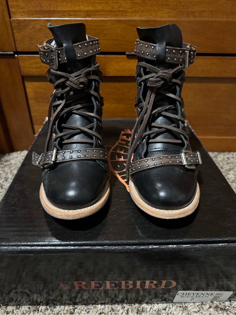 Freebird Black Leather Studded Lace-Up  Booties with cut outs and Tan Sole